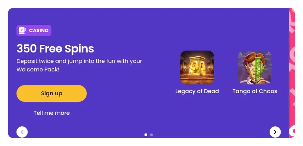 Bonuserbjudande hos Winnerz Casino, skärmdump